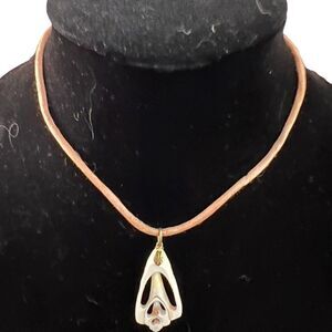 Shell Pendant Necklace with Pink Ribbon Chain, Vintage